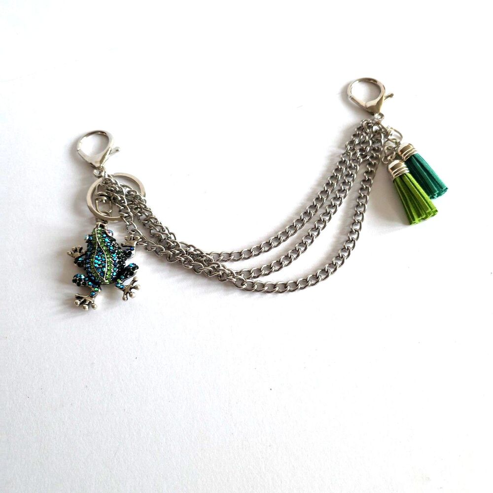 New Silver,Green Rhinestone Frog Purse Chain Charm Extender Triple Strand Tassel